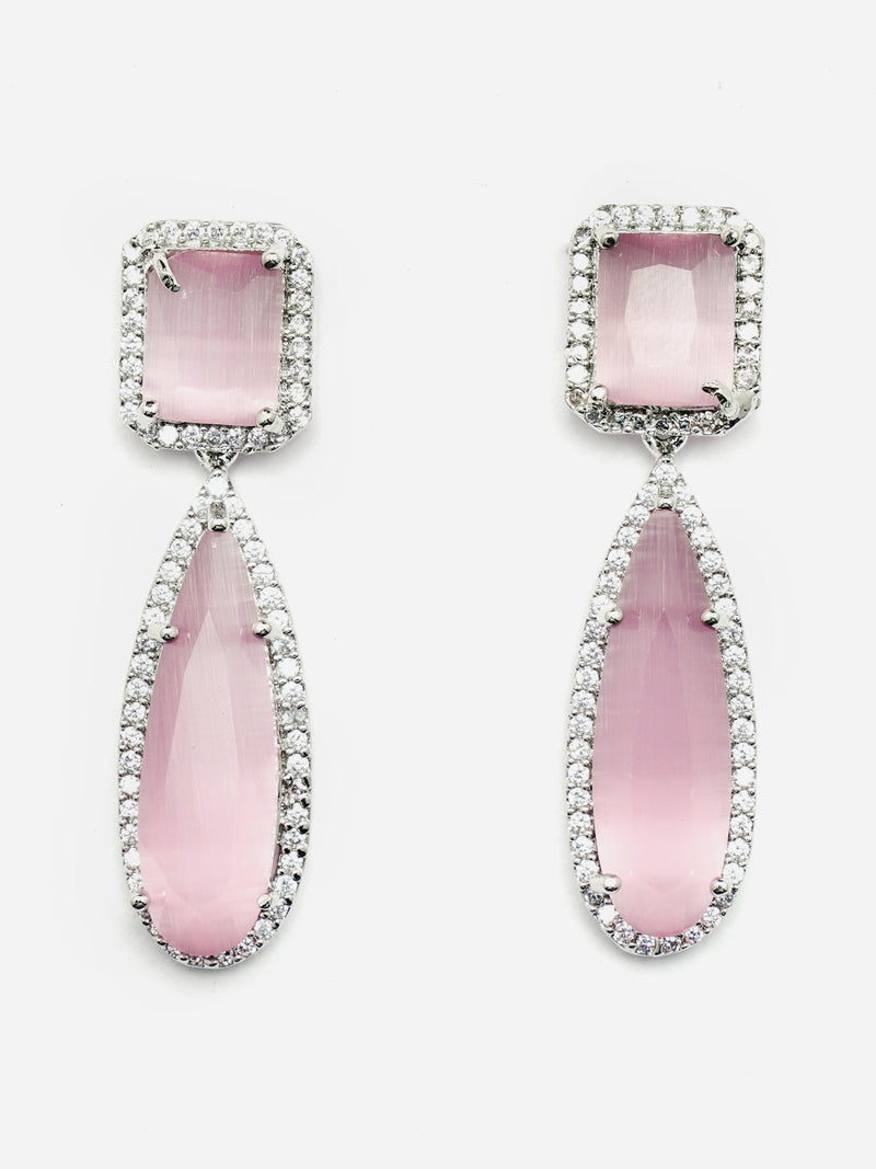 Rhodium-Plated Pink & White American Diamond studded Teardrop Shaped Drop Earrings