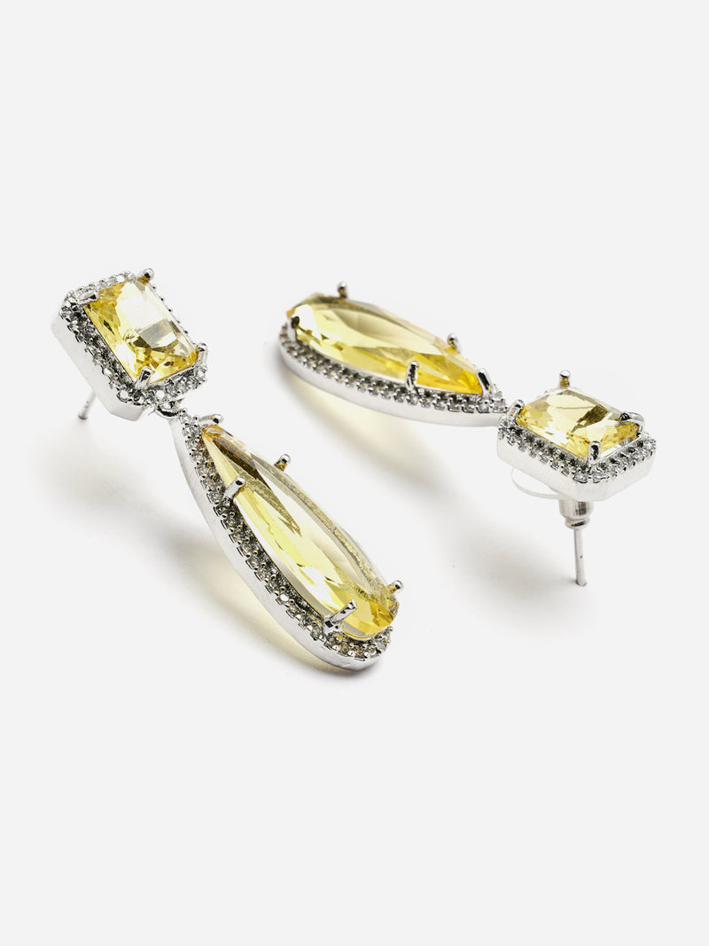 Rhodium-Plated Yellow & White American Diamond studded Teardrop Shaped Drop Earrings