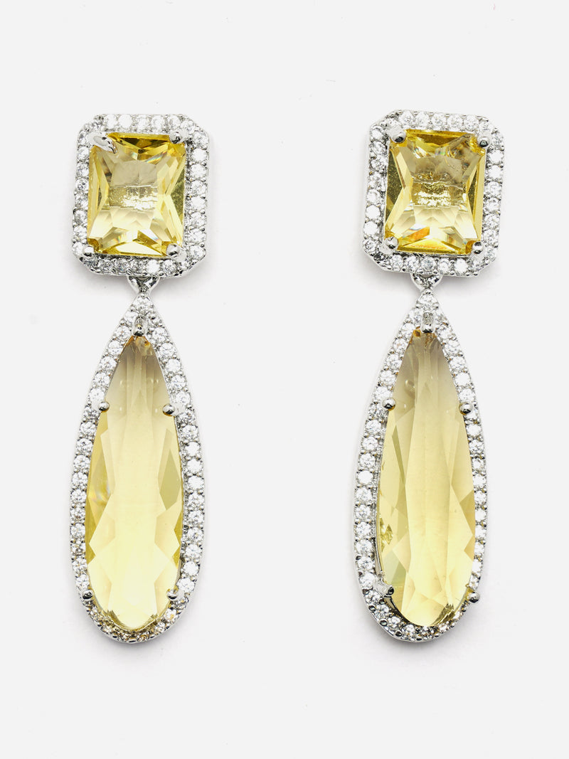 Rhodium-Plated Yellow & White American Diamond studded Teardrop Shaped Drop Earrings