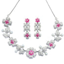 Rhodium-Plated Red Cubic Zirconia Studded Floral Theme Necklace & Earrings Jewellery Set