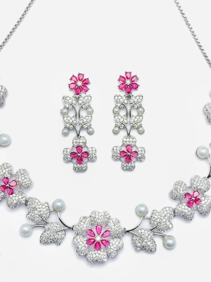 Rhodium-Plated Red Cubic Zirconia Studded Floral Theme Necklace & Earrings Jewellery Set