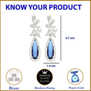 Rhodium Plated Leaf Blue AD Stone Contemporary Long Drop Earrings