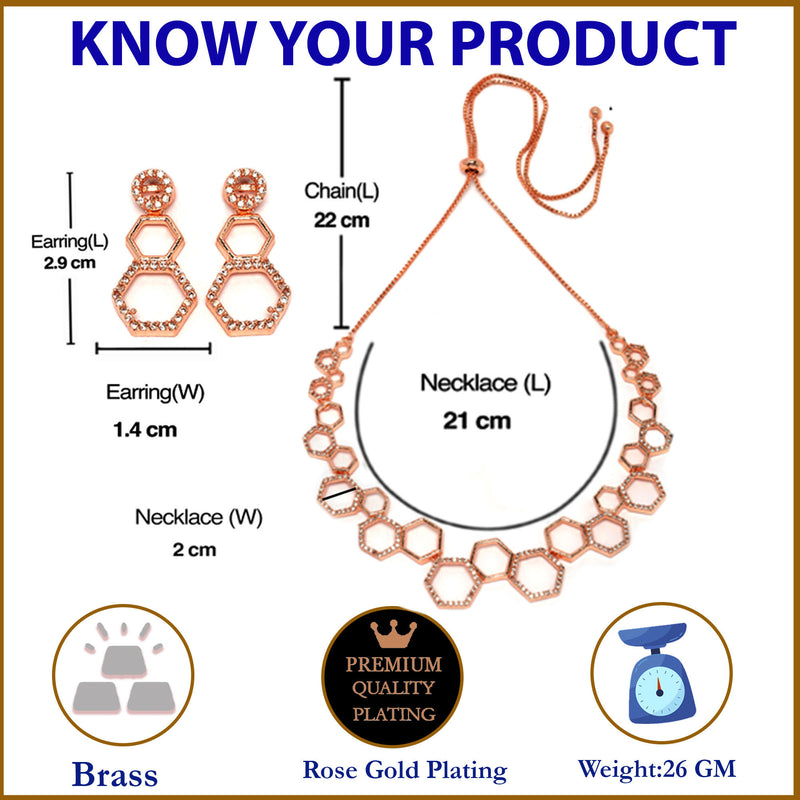 Rose Gold-Plated White American Diamond Studded Hexagon Shaped Necklace with Earrings Jewellery Set