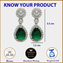 Rhodium Plated with Green & White American Diamond Circular & Teardrop Shaped Drop Earrings
