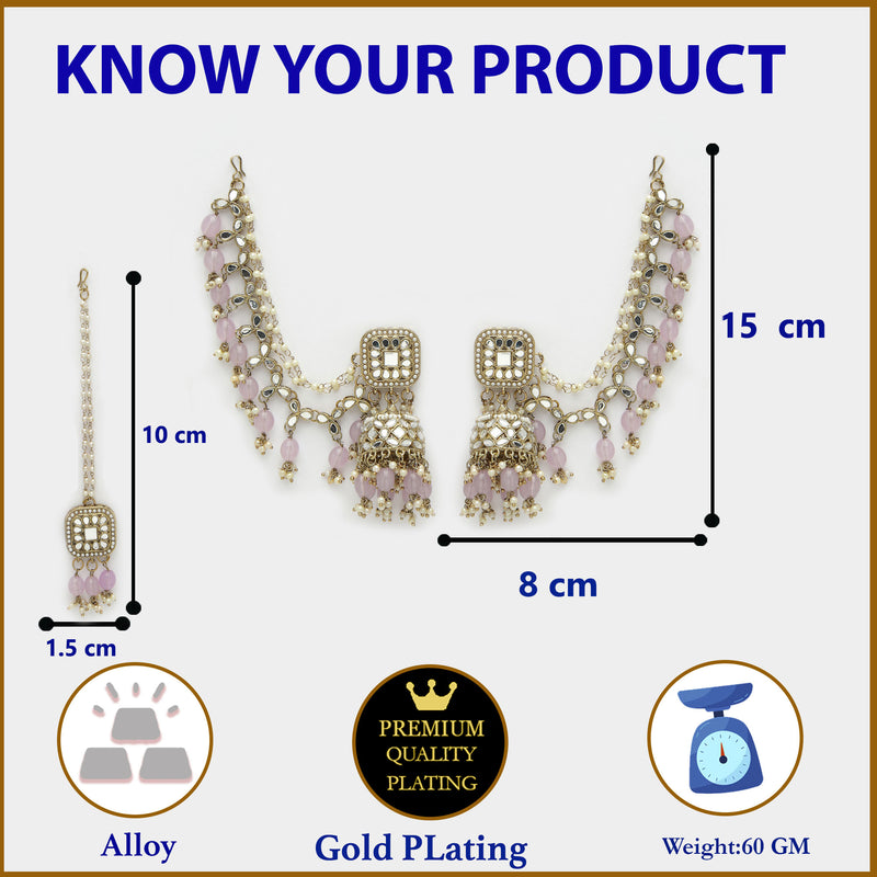 Gold Plated Bahubali Pearl & Kundan Maang Tikka With Earrings