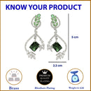 Rhodium Plated Leaf Green AD Studded Contemporary Long Drop Earrings