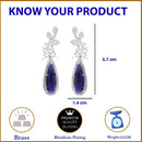 Rhodium-Plated Navy Blue American Diamond studded Teardrop & Leaf Shaped Drop Earrings