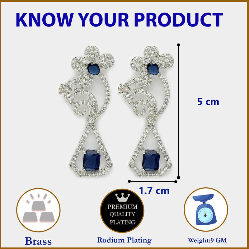 Rhodium Plated Dual Flower Dangler Earrings – Sparkling American Diamonds