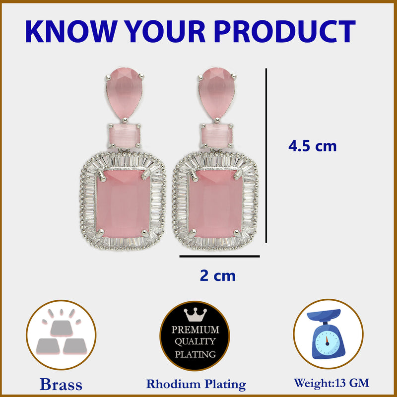 Rhodium Plated Silver Toned with Pink American Diamond Small Drop Earrings
