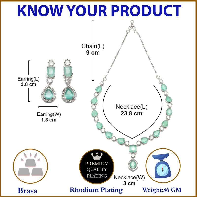 Rhodium-Plated Sea Green American Diamond Studded Fashionable Necklace & Earrings Jewellery Set