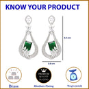Rhodium Plated Quirky Green American Diamond Contemporary Long Drop Earrings
