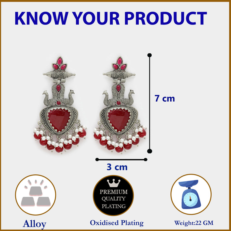 Oxidized Plated with Red & White Pearl Cubic Zirconia Danglers Earrings