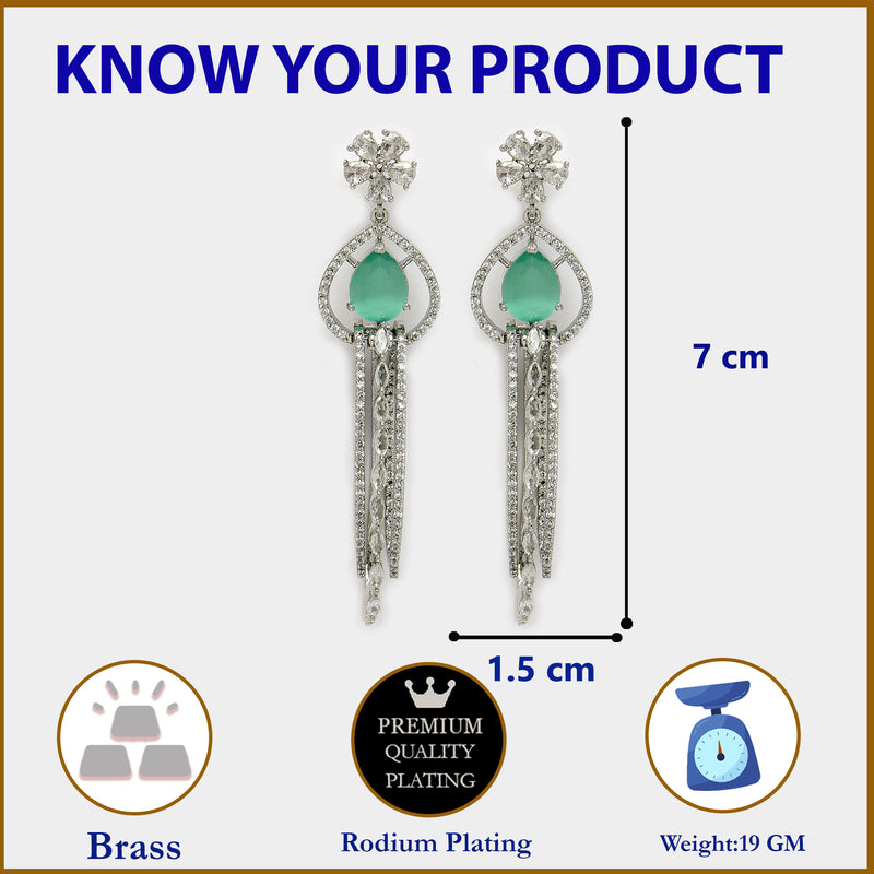 Rhodium Plated with Cluster Design Ocean Blue & White American Diamond Dangler Earrings