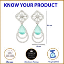 Rhodium Plated Geometric Shape Sea Green American Diamond Contemporary Drop Earrings