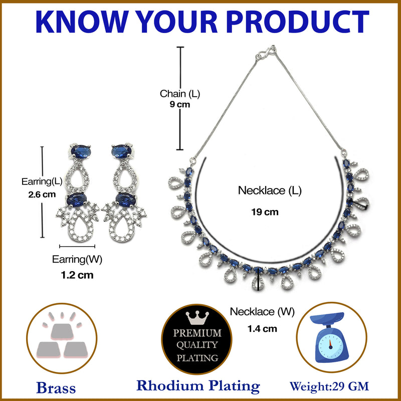 Rhodium-Plated Silver Toned Navy Blue American Diamond Studded Necklace with Earrings Jewellery Set