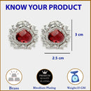 Rhodium Plated Round Floral Design with Red & White American Diamond Stud Earrings