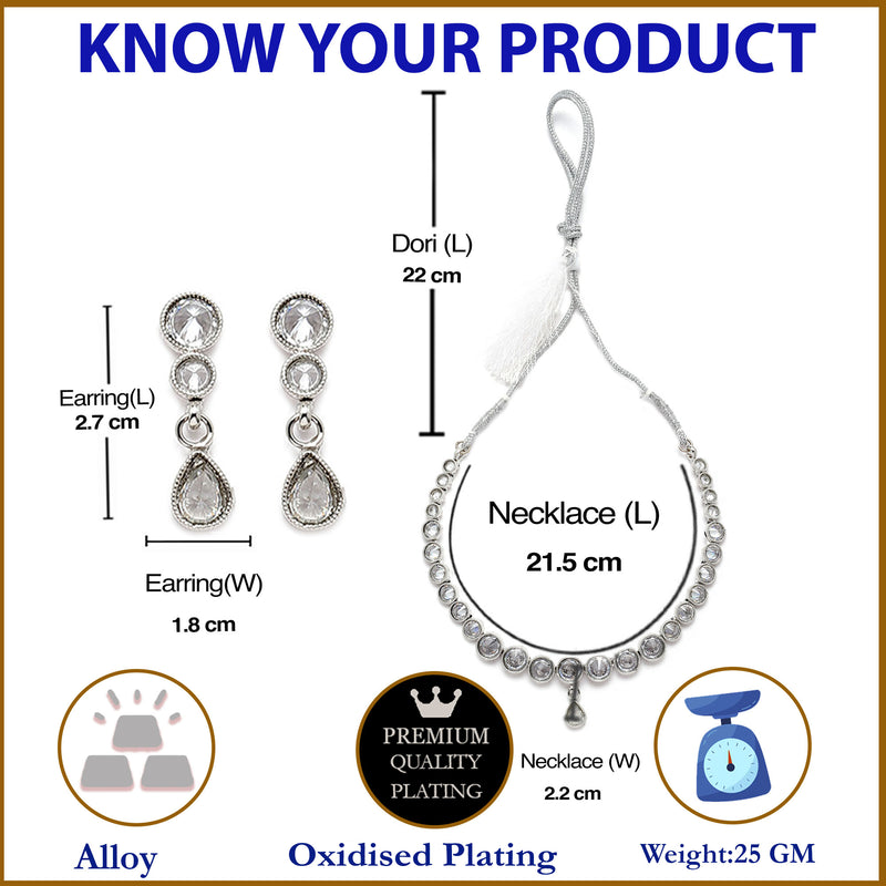 Oxidised Silver-Plated White Round American Diamond Studded Necklace with Earrings Jewellery Set