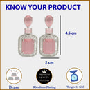 Rhodium Plated Rectangular Shape Pink American Diamond Contemporary Long Drop Earrings