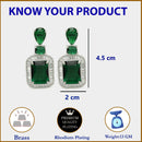 Rhodium Plated Rectangular Shape Green American Diamond Contemporary Long Drop Earrings