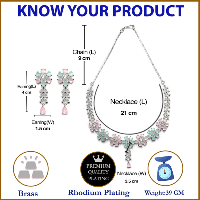 Rhodium-Plated Silver Toned Flower Sea Green & Pink American Diamond Studded Necklace with Earrings Jewellery set