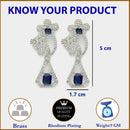 Rhodium Plated Geometric Floral Blue American Diamond Contemporary Long Drop Earrings