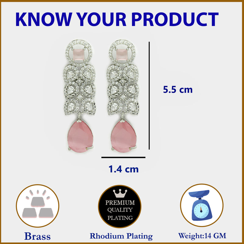 Rhodium Plated Silver Toned with Pink American Diamond Small Drop Earrings