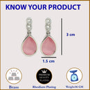 Rhodium Plated Silver Tone with Pink American Diamond Small Drop Earrings