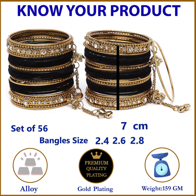 Gold-Plated Black Matte Finish Velvet AD Studded Gold Pearl Tasselled Bangles Set Of 56