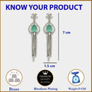 Rhodium Plated Fringed Tassel Sea Green American Diamond Contemporary Long Drop Earrings