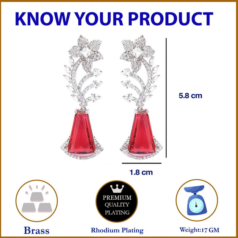 Rhodium-Plated Red & White American Diamond studded Floral Theme Drop Earrings