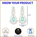 Rhodium Plated Teardrop & Leaf Sea Green American Diamond Contemporary Long Drop Earrings
