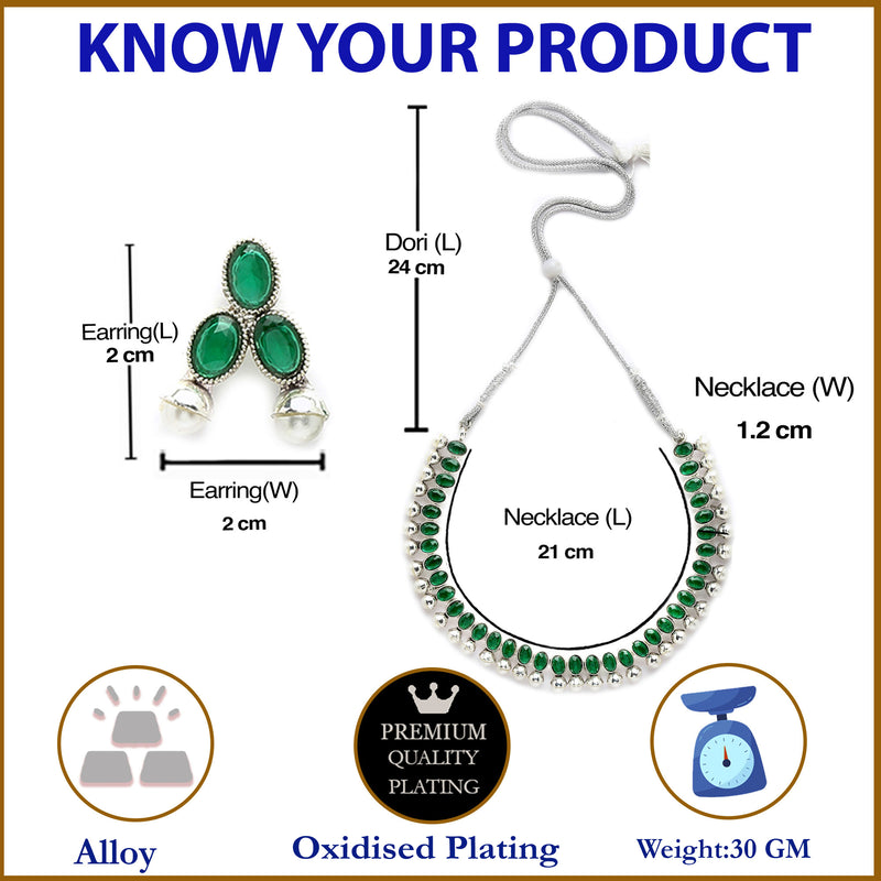 Rhodium-Plated with Oxidized Silver-Toned Green Cubic Zirconia Stone Studded & White Pearl Beaded Necklace and Earrings Jewellery Set
