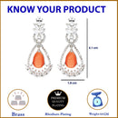 Rhodium Plated Teardrop & Leaf Orange American Diamond Contemporary Long Drop Earrings
