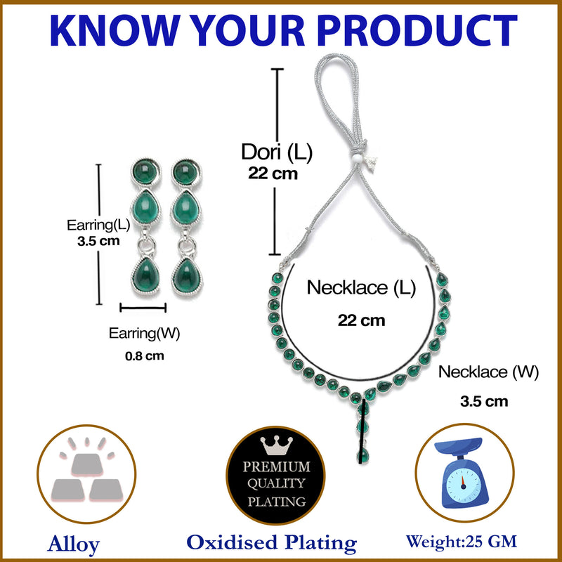 Oxidised Silver-Plated Green American Diamond Studded Necklace with Earring Jewellery Set