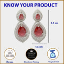 Rhodium Plated with Red American Diamond Dual Teardrop Design Drop Earrings