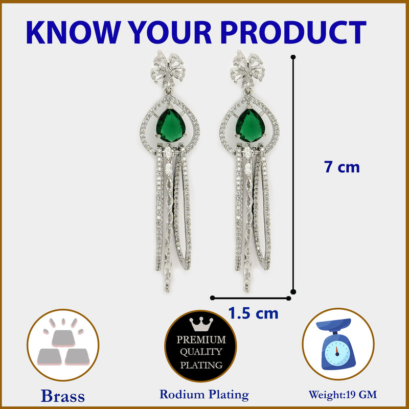 Rhodium Plated with Cluster Design Green & White American Diamond Dangler Earrings