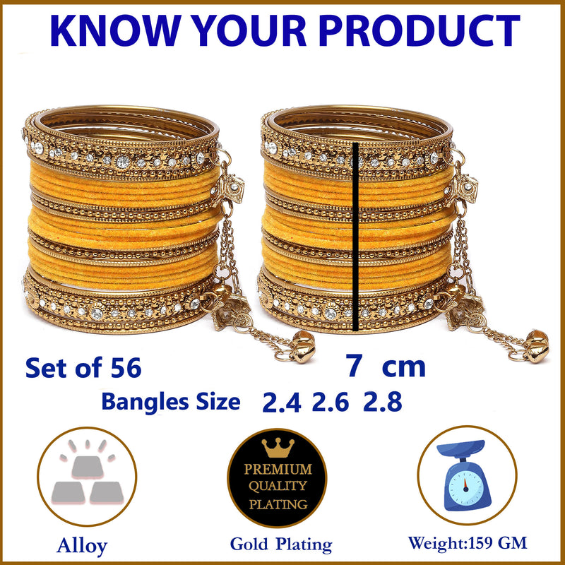 Gold-Plated Yellow Matte Finish Velvet AD Studded Gold Pearl Tasselled Bangles Set Of 56