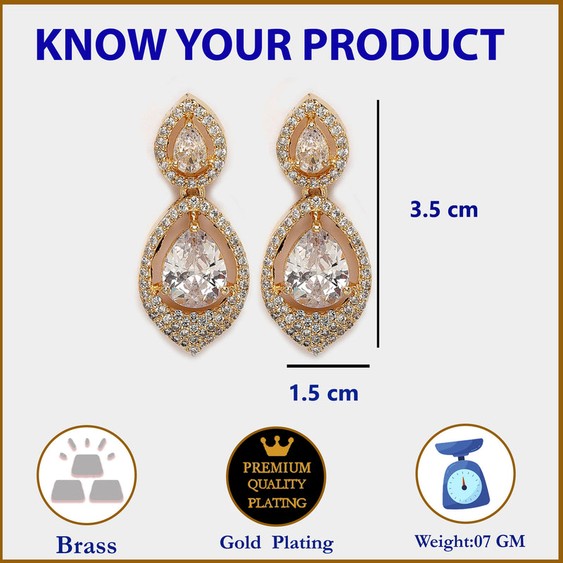 Gold Plated with White Tear Drop Shaped American Diamond Small Drop Earrings