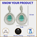 Rhodium Plated Silver Toned with Teardrop Shaped Ocean Blue & White American Diamond Drop Earrings