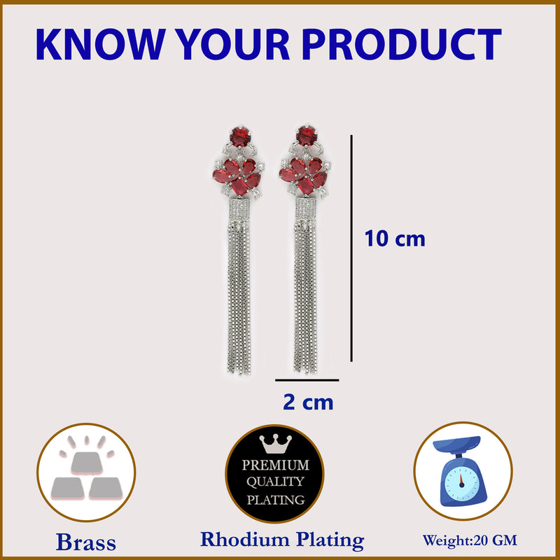 Rhodium Plated Silver Toned with Red American Diamond Dangler Earrings