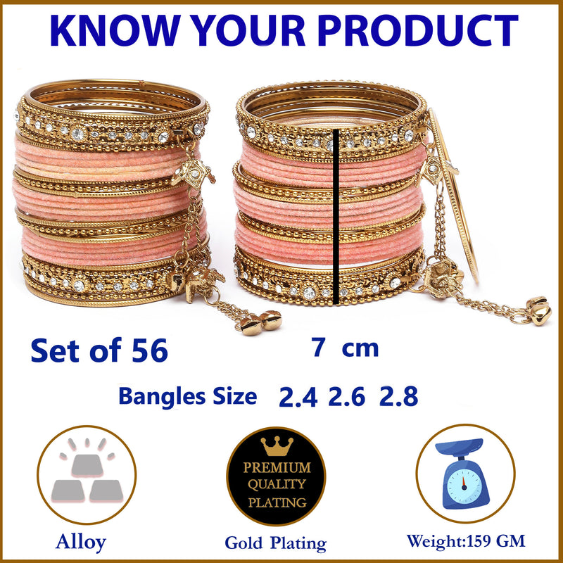 Gold-Plated Peach Matte Finish Velvet AD Studded Gold Pearl Tasselled Bangles Set Of 56