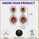 Rhodium Plated with Red & White American Diamond Small Drop Earrings