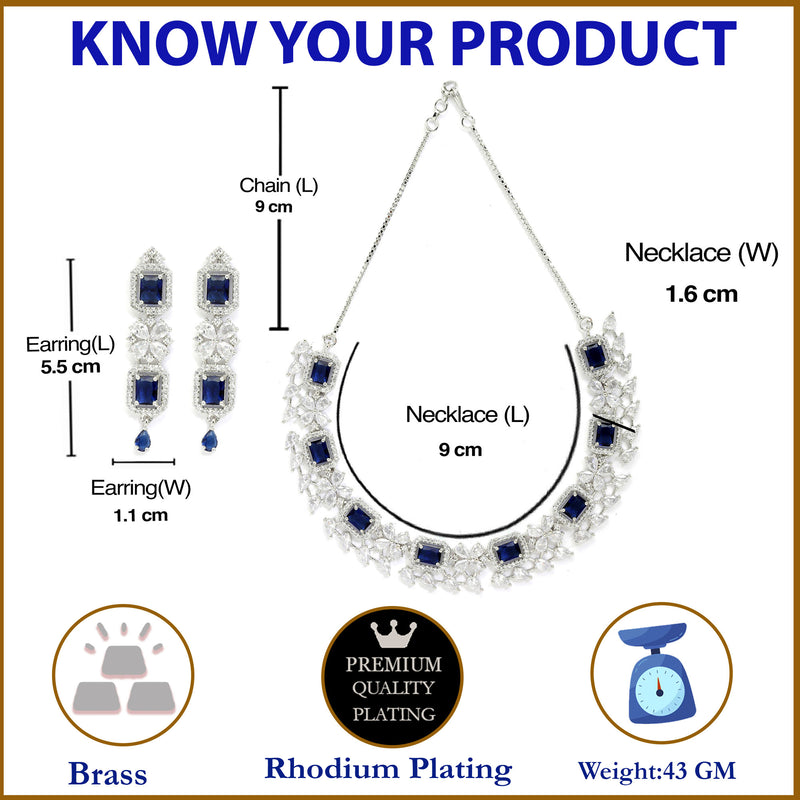 Rhodium-Plated with Silver-Toned Navy Blue and White American Diamond Studded Necklace and Earrings Jewellery Set