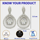 Rhodium Plated Silver Toned with Teardrop Shaped White American Diamond Drop Earrings