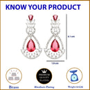 Rhodium Plated Teardrop & Leaf Red American Diamond Contemporary Long Drop Earrings