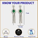 Rhodium Plated Fringed Tassel Green American Diamond Contemporary Long Drop Earrings