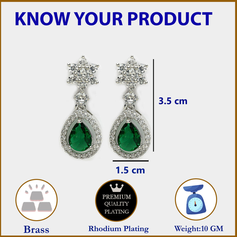 Rhodium Plated Silver Toned Green American Diamond Small Drop Earrings