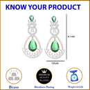 Rhodium Plated Teardrop & Leaf Green American Diamond Contemporary Long Drop Earrings