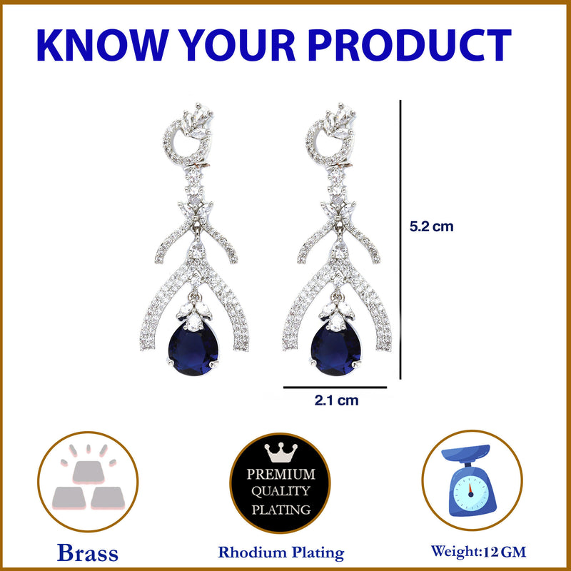 Rhodium-Plated Navy Blue American Diamond studded Teardrop & Quirky Shaped Drop Earrings