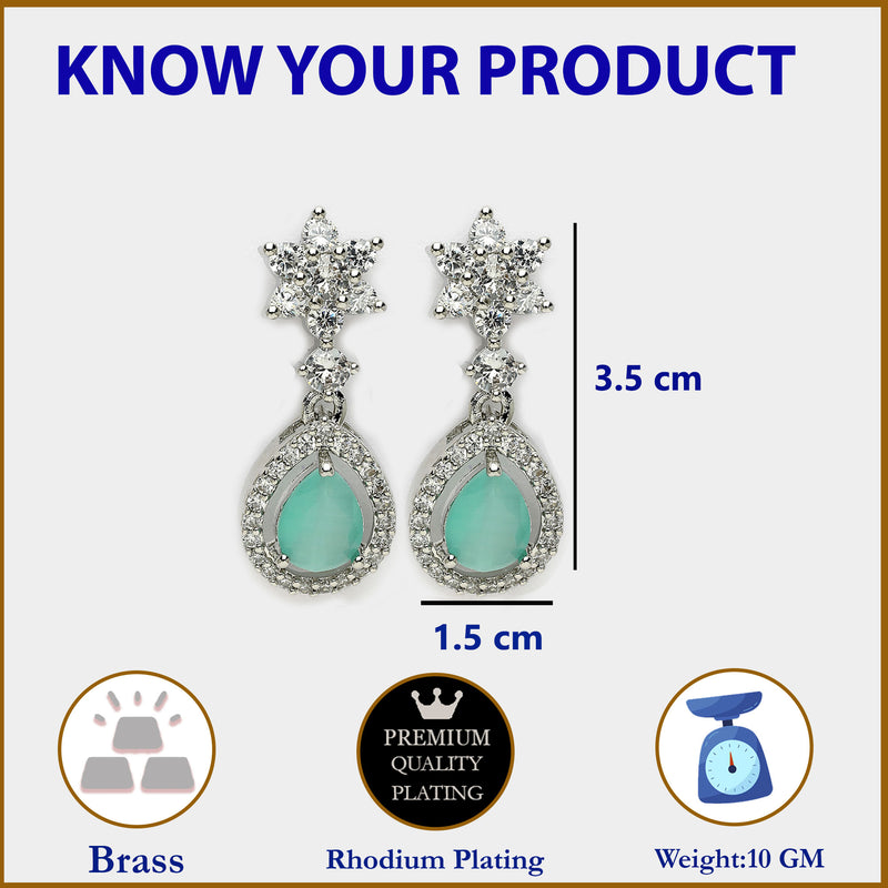 Rhodium Plated Silver Toned Ocean Blue American Diamond Small Drop Earrings